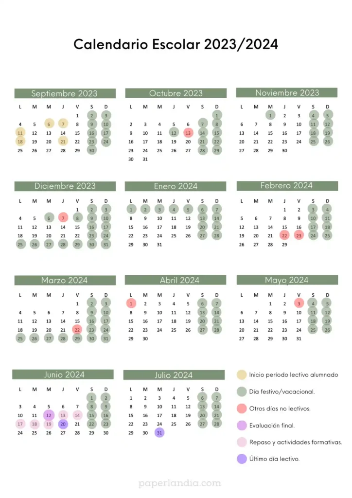 Calendario escolar 2023 - 2024 verde