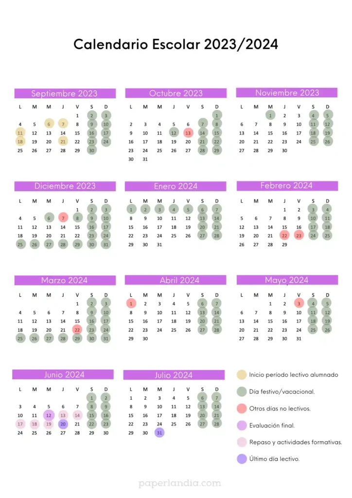 Calendario escolar 2023 - 2024 fucsia