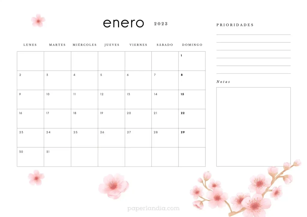 Calendario enero 2023 horizontal con flores de cerezo