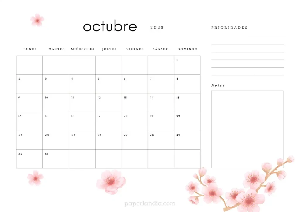 Calendario octubre 2023 horizontal con flores de cerezo