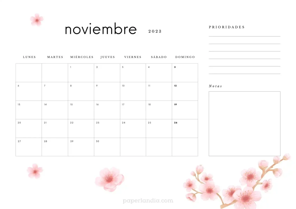 Calendario 2023 horizontal mensual con notas y flores de cerezo