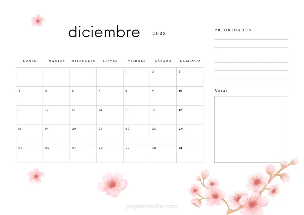Calendario diciembre 2023 horizontal con flores de cerezo