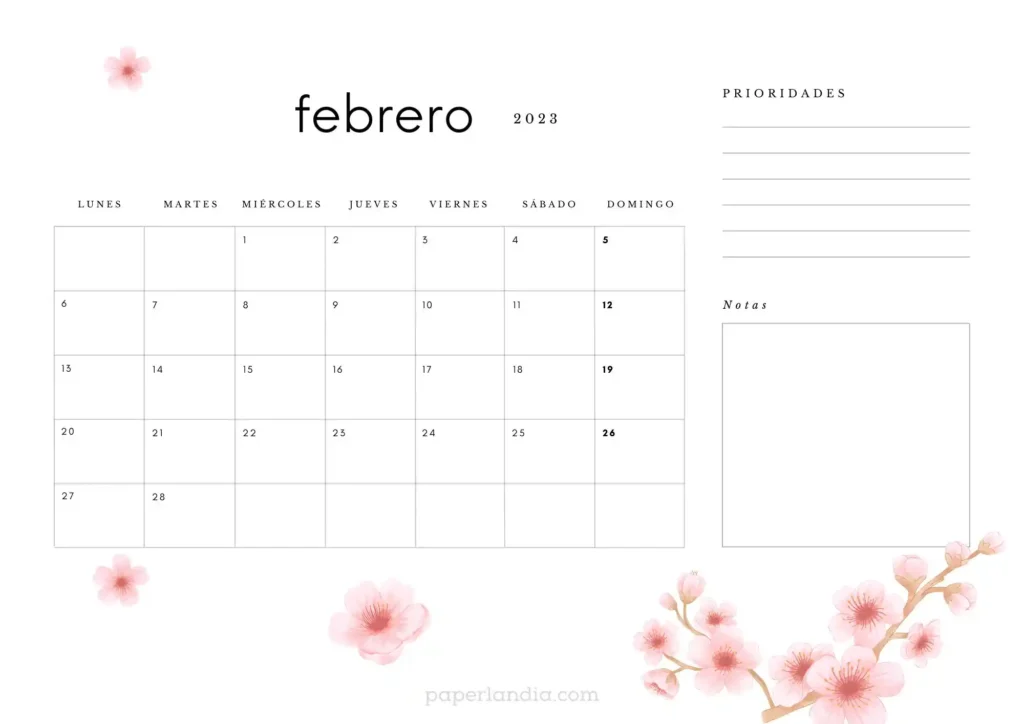 Calendario febrero 2023 horizontal con flores de cerezo