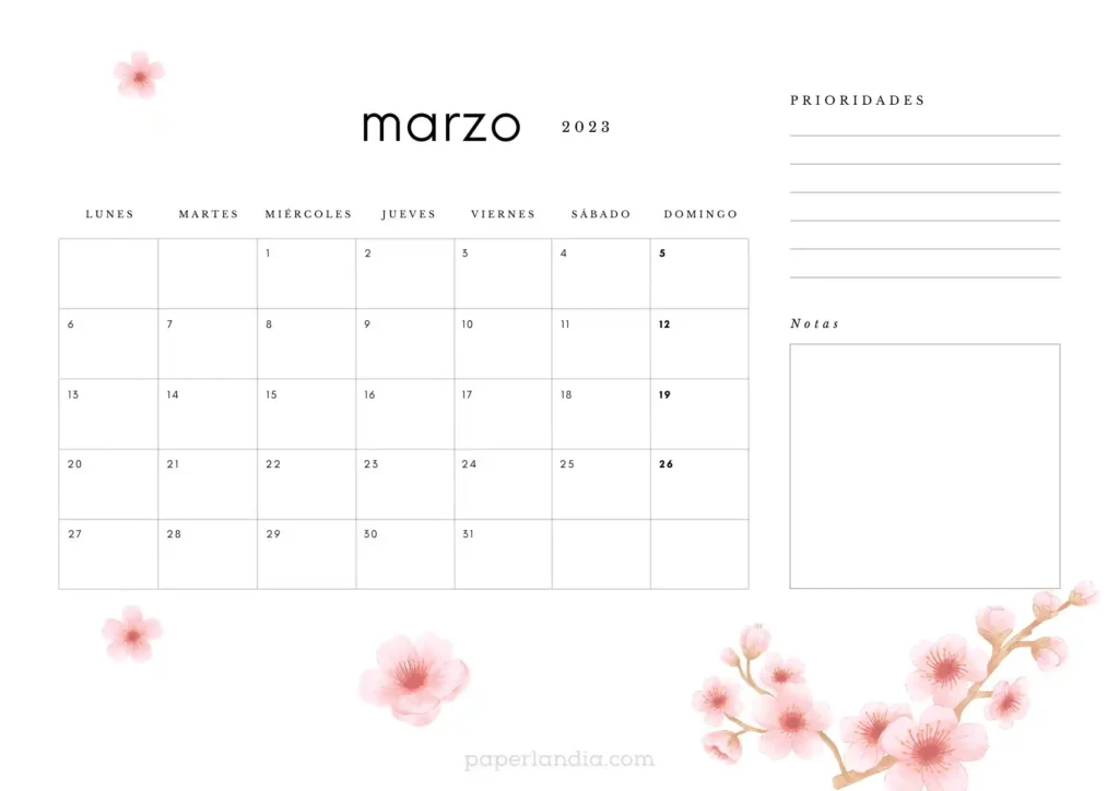 Calendario marzo 2023 horizontal con flores de cerezo