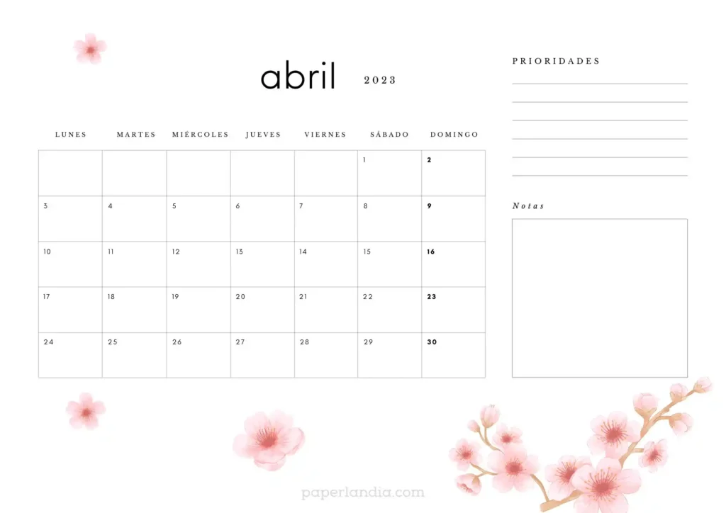 Calendario abril 2023 horizontal con flores de cerezo