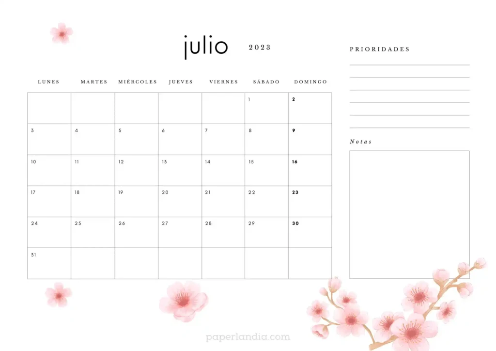 Calendario julio 2023 horizontal con flores de cerezo