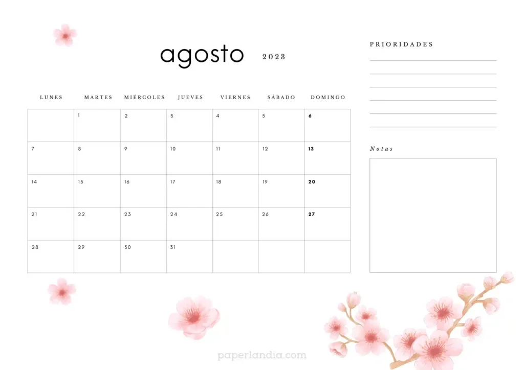 Calendario agosto 2023 horizontal con flores de cerezo