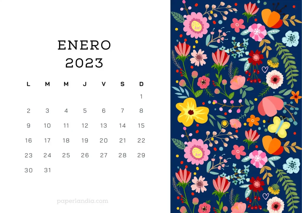 Calendario enero 2023 horizontal con flores escandinavas fondo azul 