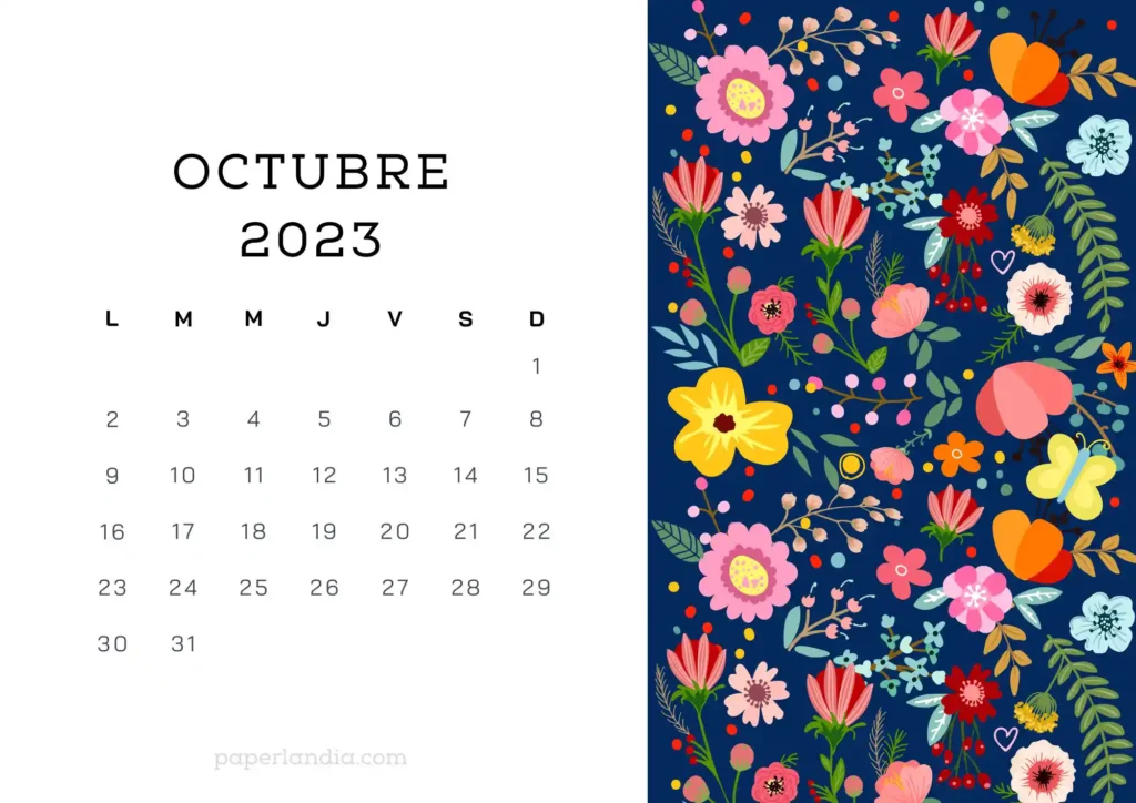 Calendario octubre 2023 horizontal con flores escandinavas fondo azul 
