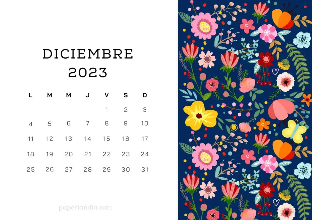 Calendario diciembre 2023 horizontal con flores escandinavas fondo azul 