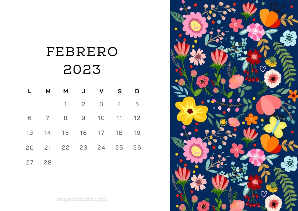 Calendario febrero 2023 horizontal con flores escandinavas fondo azul 