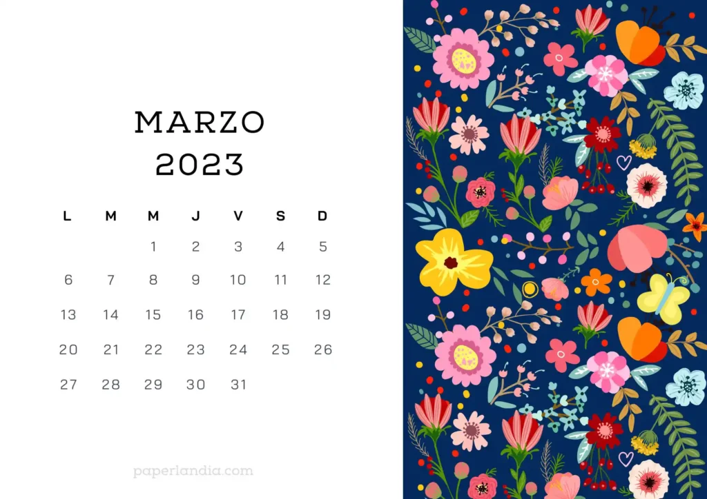 Calendario marzo 2023 horizontal con flores escandinavas fondo azul 
