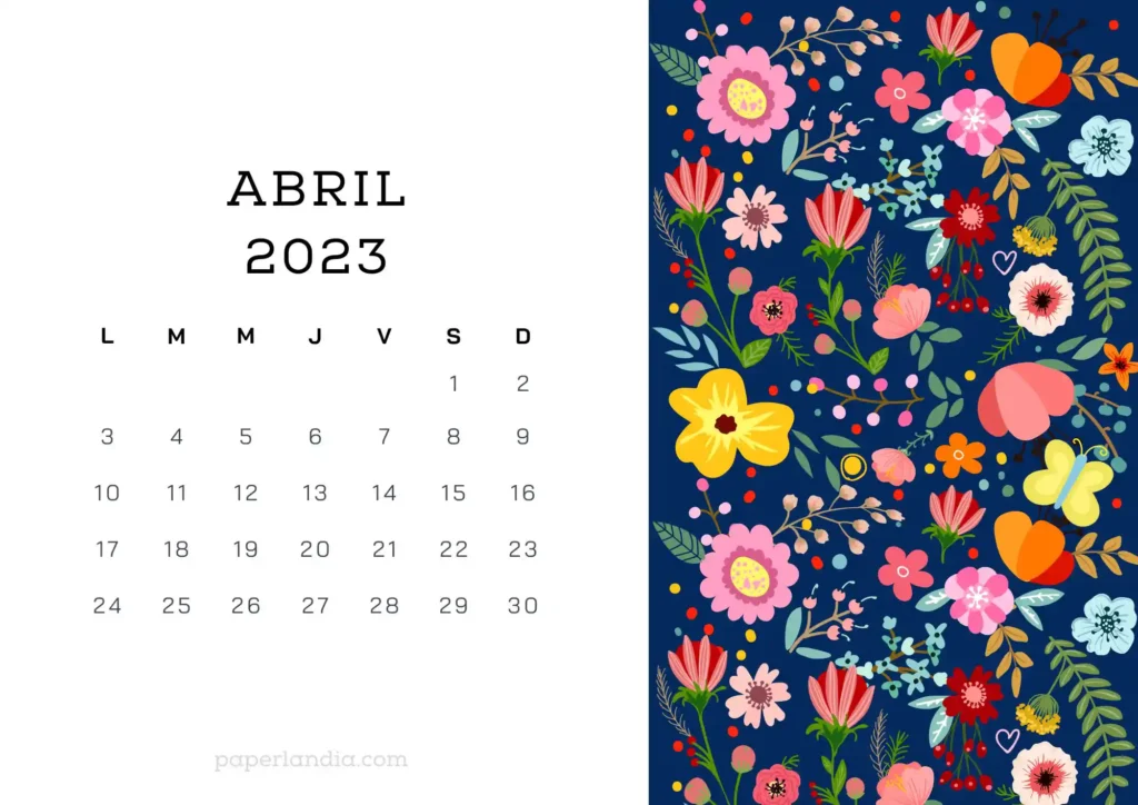 Calendario abril 2023 horizontal con flores escandinavas fondo azul 
