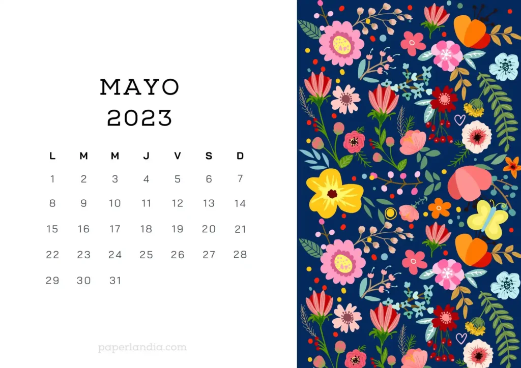 Calendario mayo 2023 horizontal con flores escandinavas fondo azul 