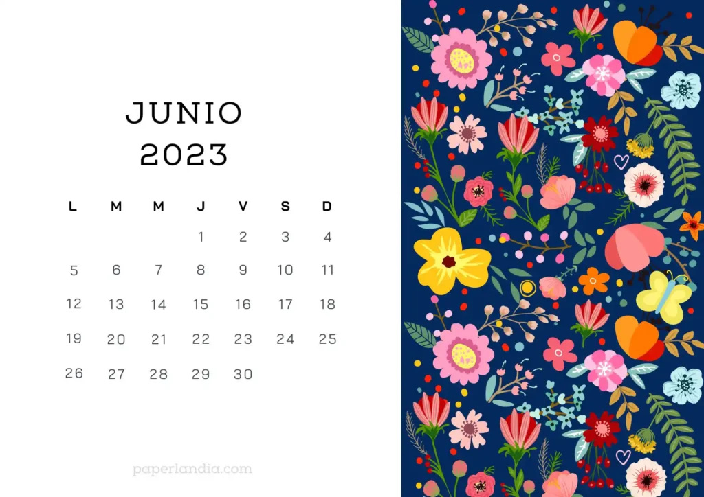 Calendario junio 2023 horizontal con flores escandinavas fondo azul 