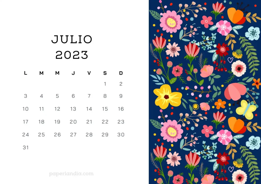 Calendario julio 2023 horizontal con flores escandinavas fondo azul 