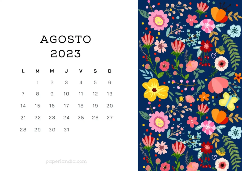 Calendario agosto 2023 horizontal con flores escandinavas fondo azul 