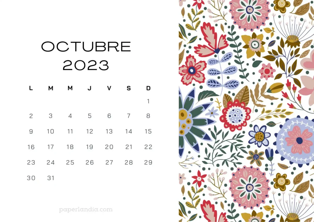 Calendario octubre 2023 horizontal con flores escandinavas fondo blanco