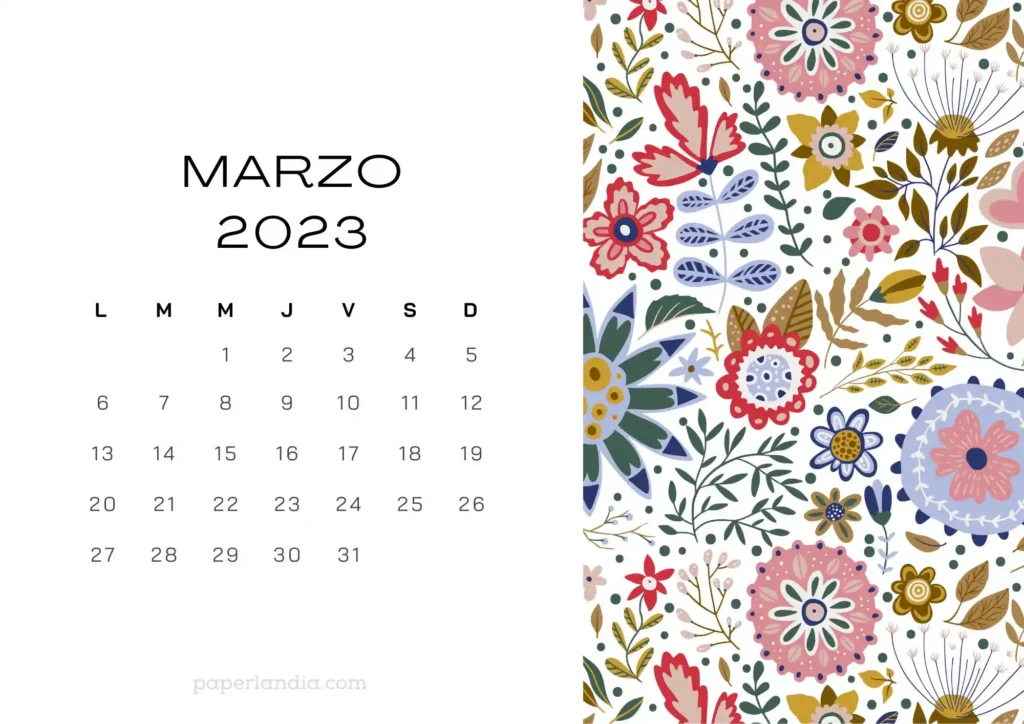 Calendario marzo 2023 horizontal con flores escandinavas fondo blanco