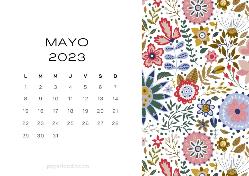 Calendario mayo 2023 horizontal con flores escandinavas fondo blanco