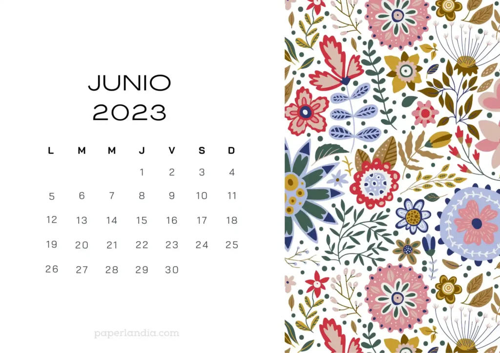 Calendario junio 2023 horizontal con flores escandinavas fondo blanco