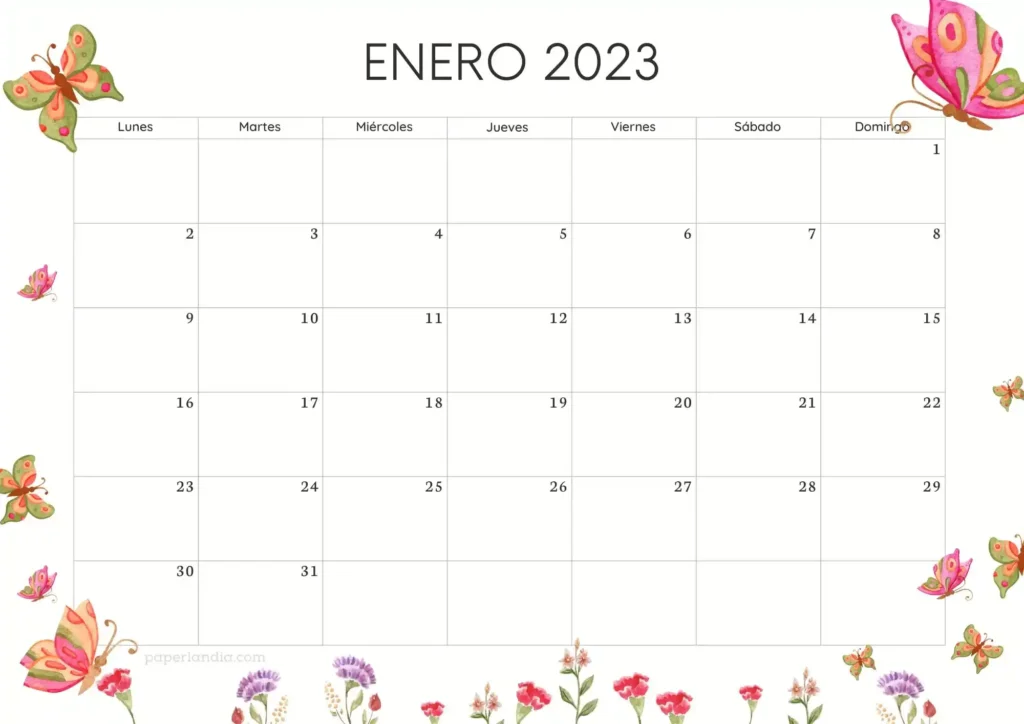Calendario enero 2023 horizontal con mariposas