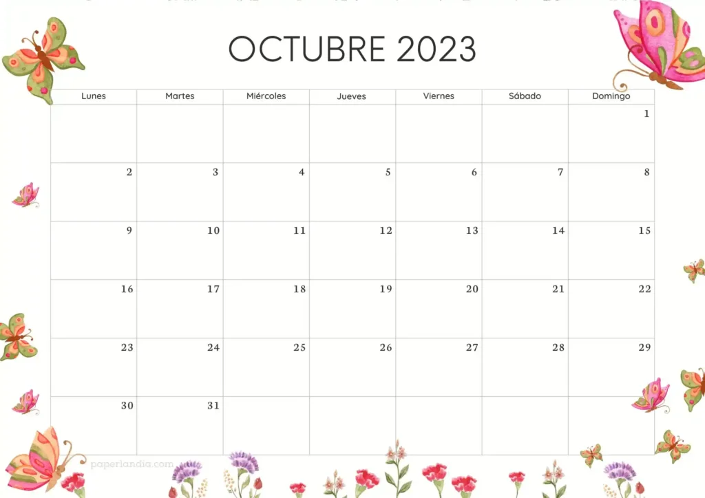 Calendario octubre 2023 horizontal con mariposas