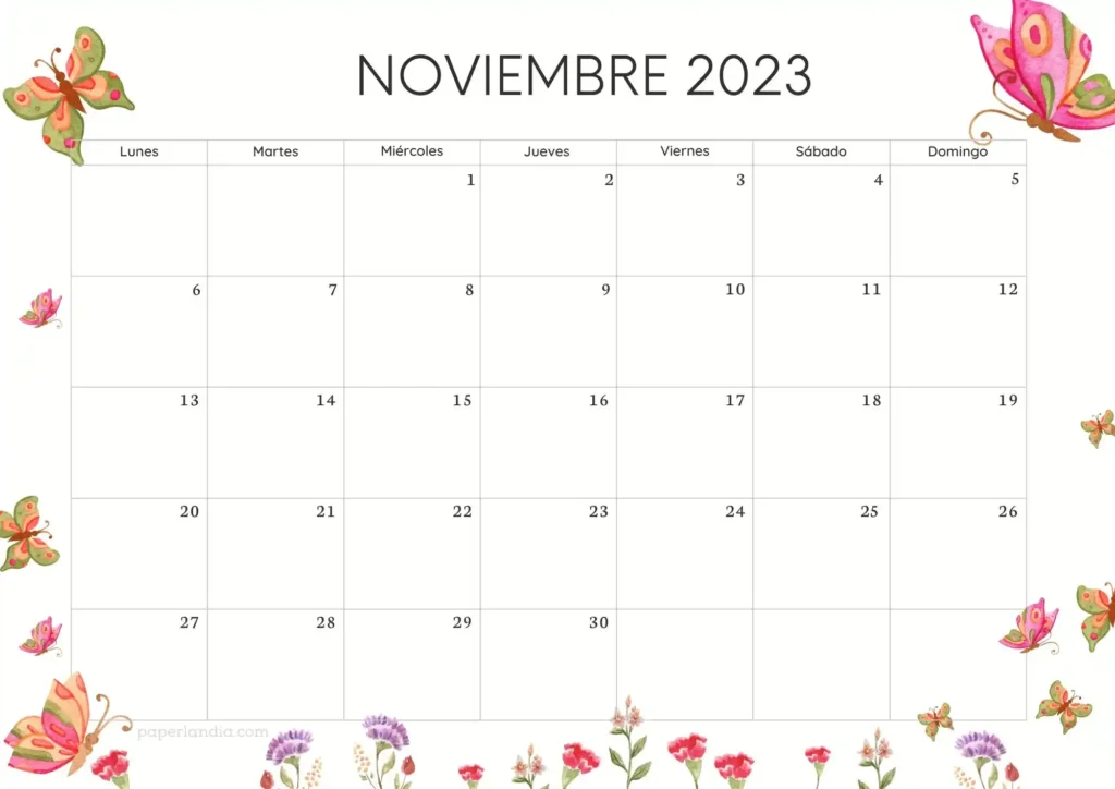 Calendario noviembre 2023 horizontal con mariposas