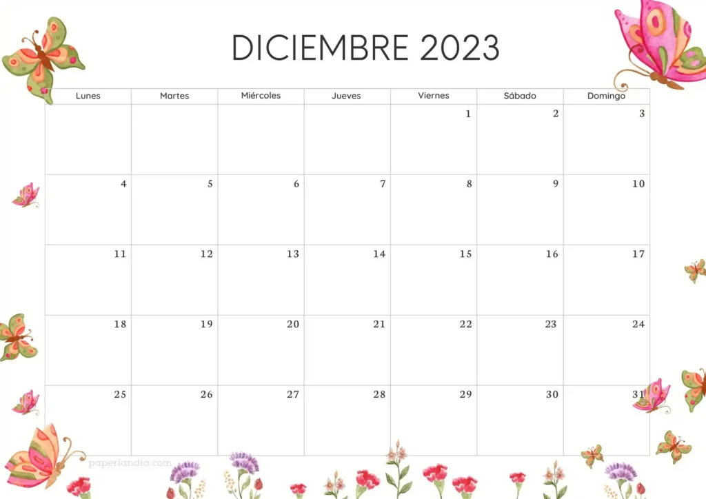 Calendario diciembre 2023 horizontal con mariposas