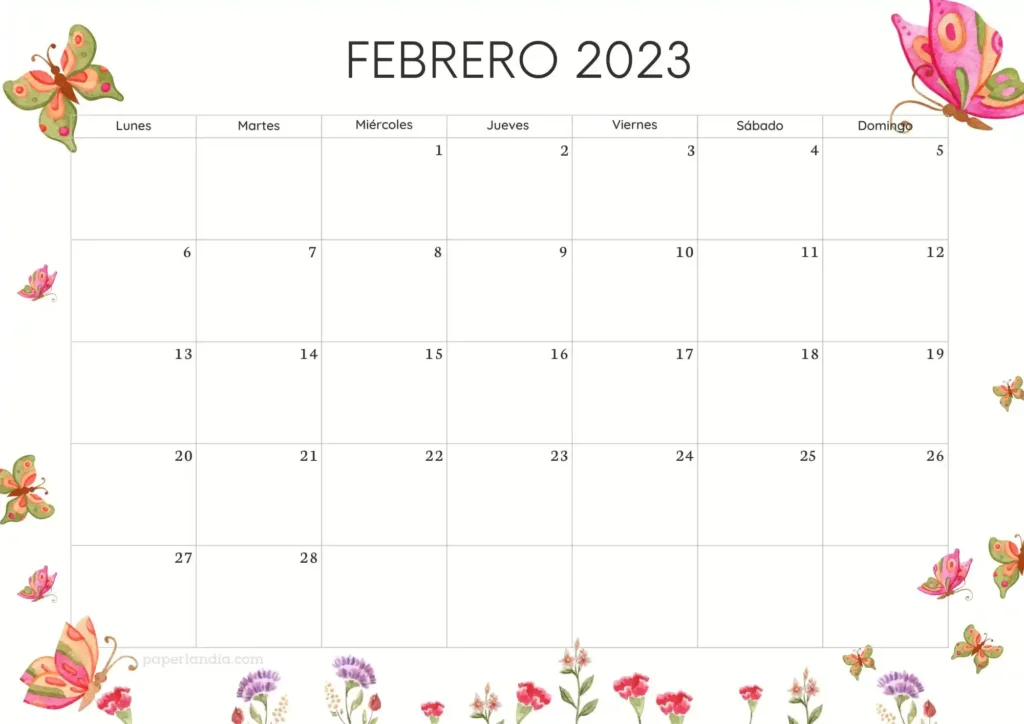 Calendario febrero 2023 horizontal con mariposas