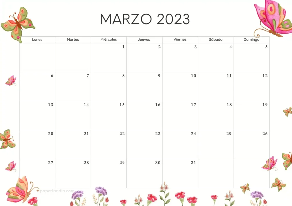 Calendario marzo 2023 horizontal con mariposas
