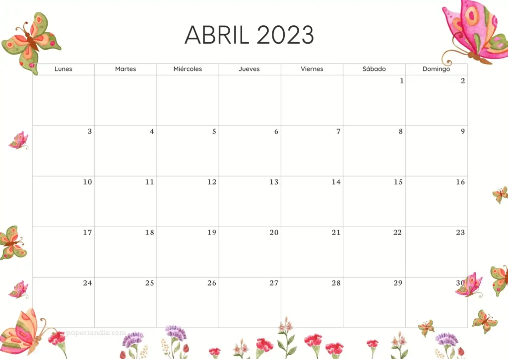 Calendario abril 2023 horizontal con mariposas
