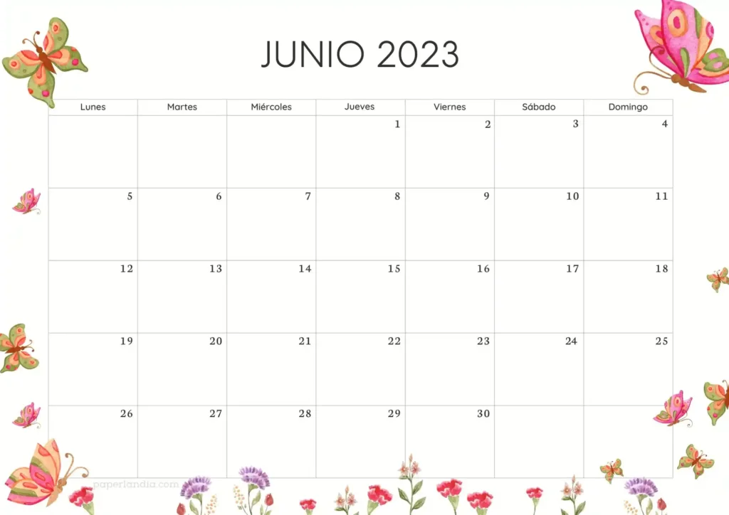 Calendario junio 2023 horizontal con mariposas