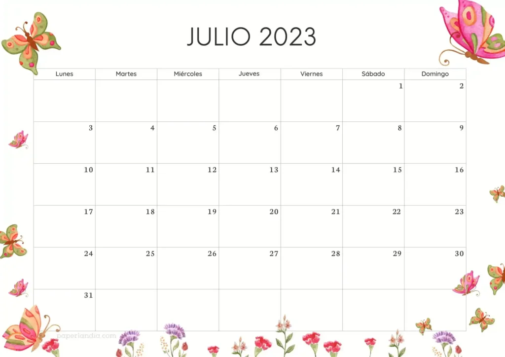Calendario julio 2023 horizontal con mariposas