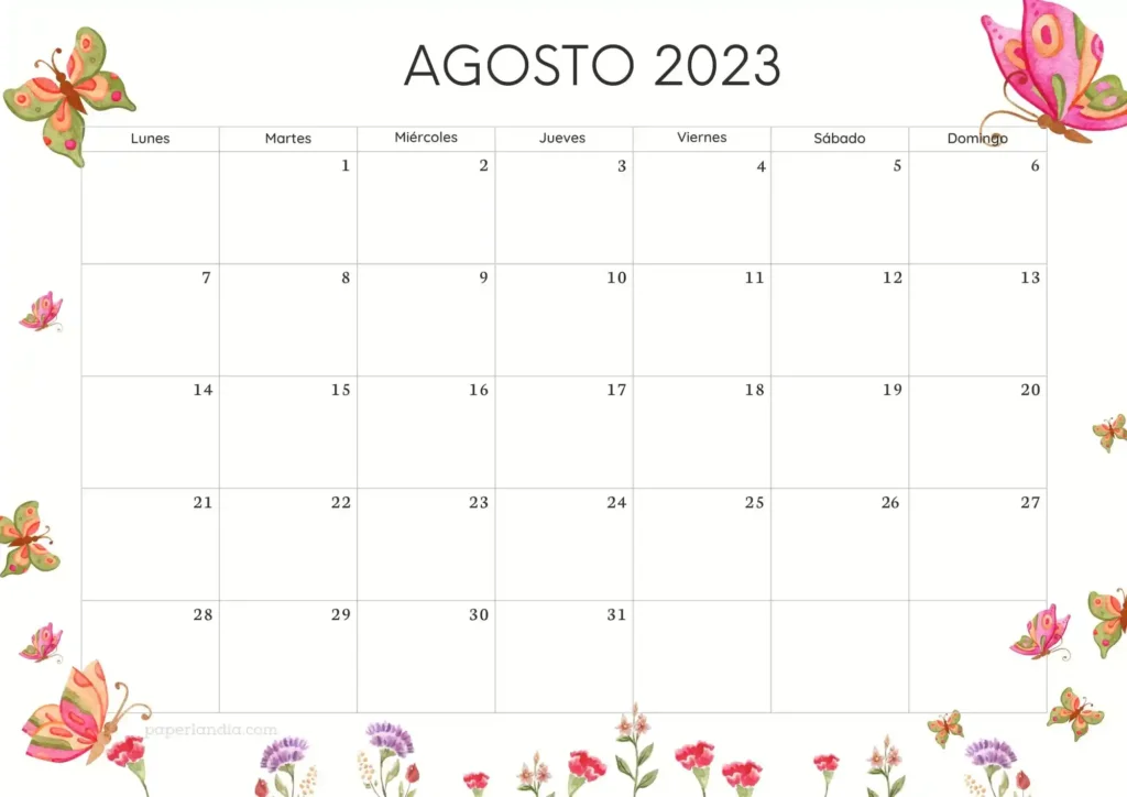 Calendario agosto 2023 horizontal con mariposas