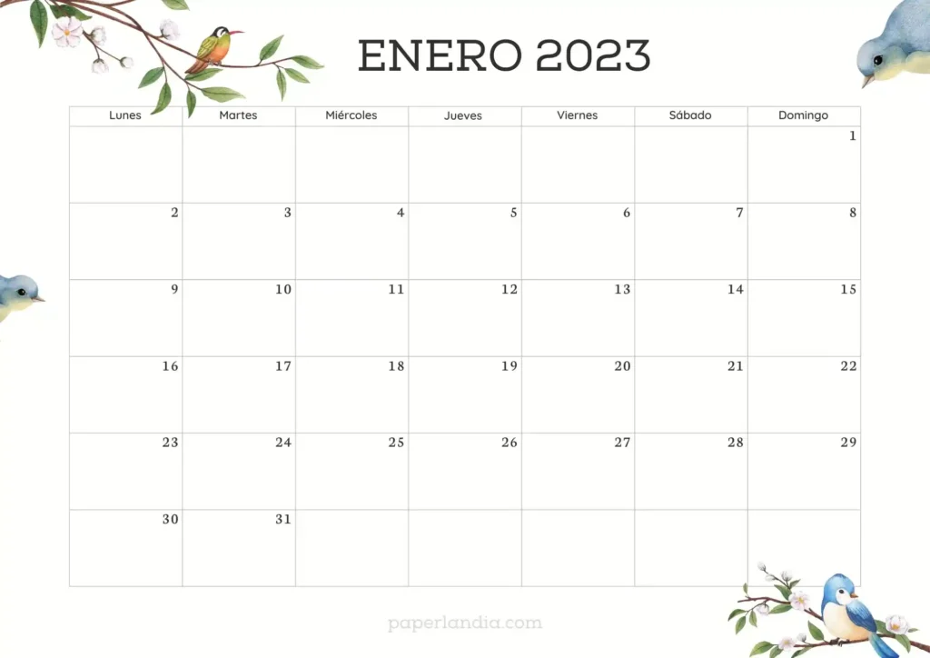 Calendario enero 2023 horizontal con pajaritos