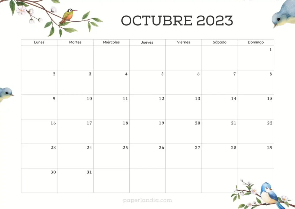 Calendario octubre 2023 horizontal con pajaritos