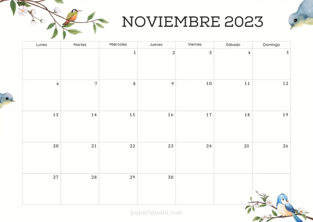 Calendario noviembre 2023 horizontal con pajaritos