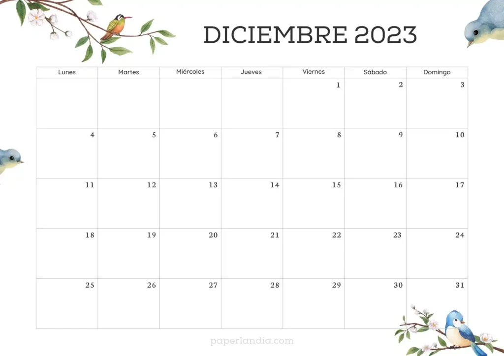 Calendario diciembre 2023 horizontal con pajaritos