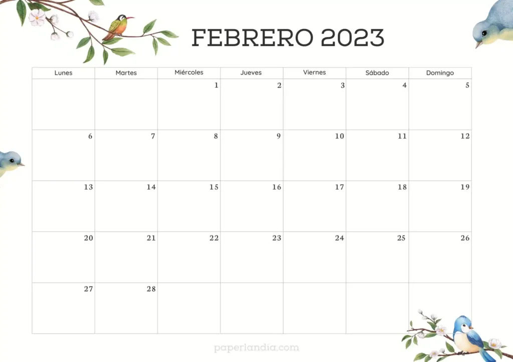 Calendario febrero 2023 horizontal con pajaritos