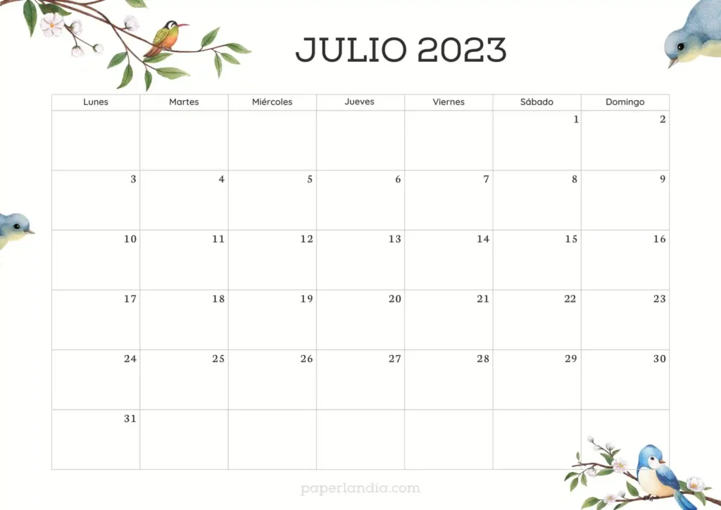 Calendario julio 2023 horizontal con pajaritos