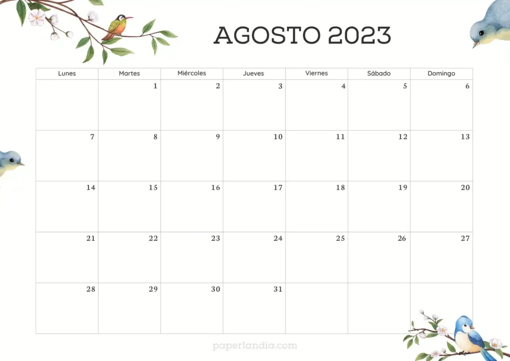 Calendario agosto 2023 horizontal con pajaritos
