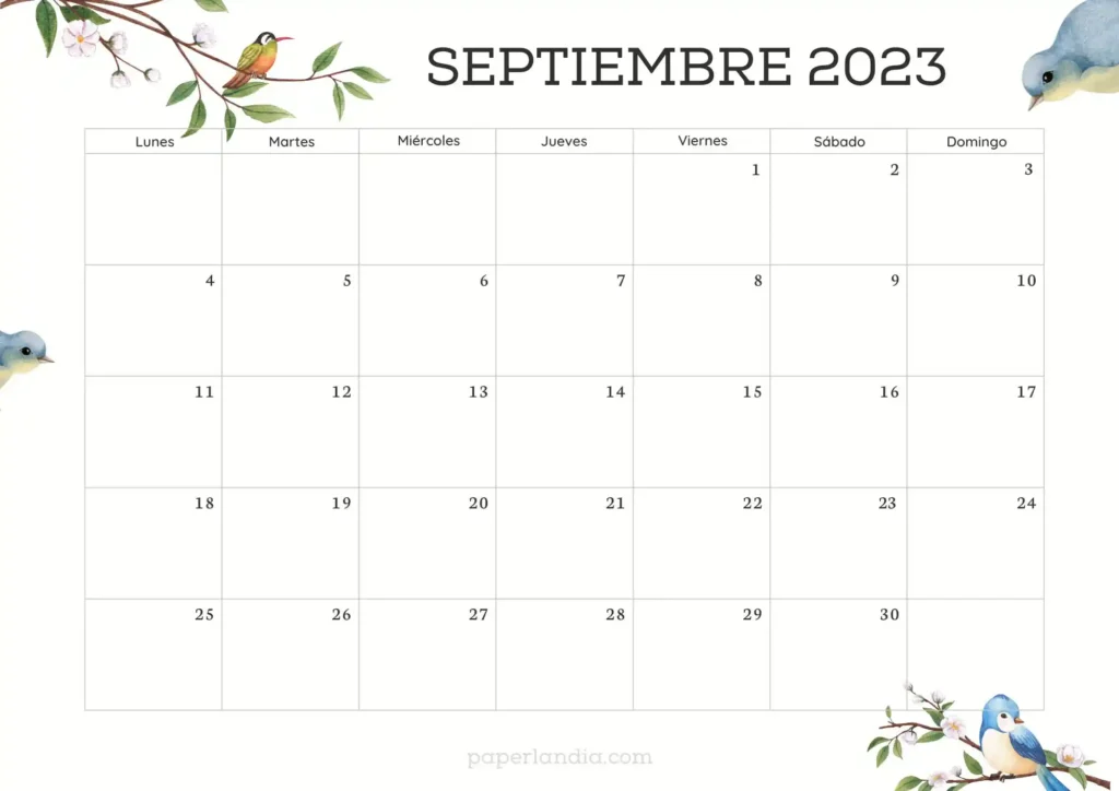Calendario septiembre 2023 horizontal con pajaritos