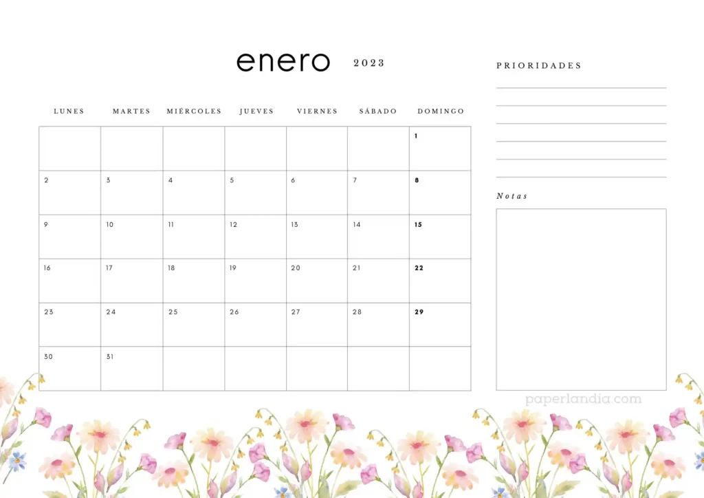 Calendario enero 2023 horizontal con prioridades, notas y flores de campo