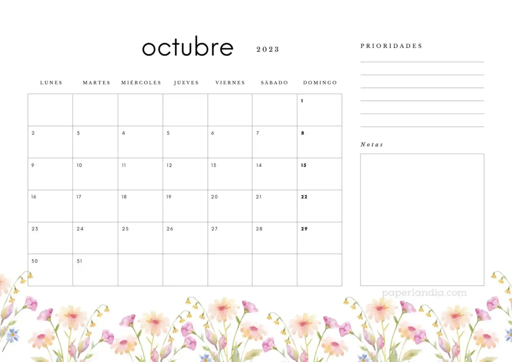 Calendario octubre 2023 horizontal con prioridades, notas y flores de campo