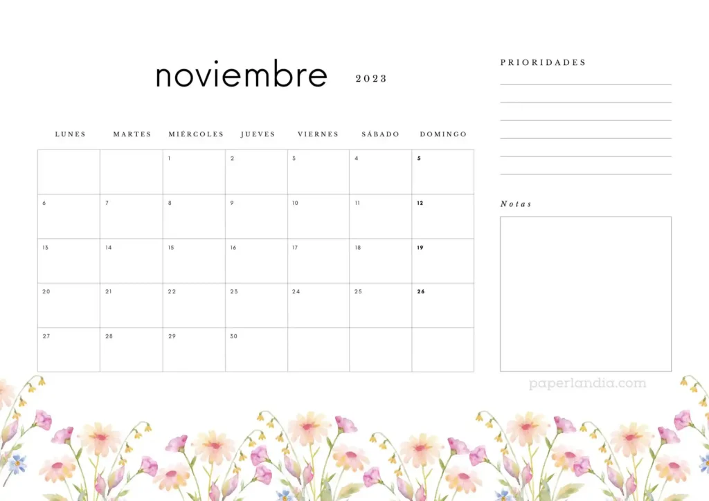 Calendario noviembre 2023 horizontal con prioridades, notas y flores de campo