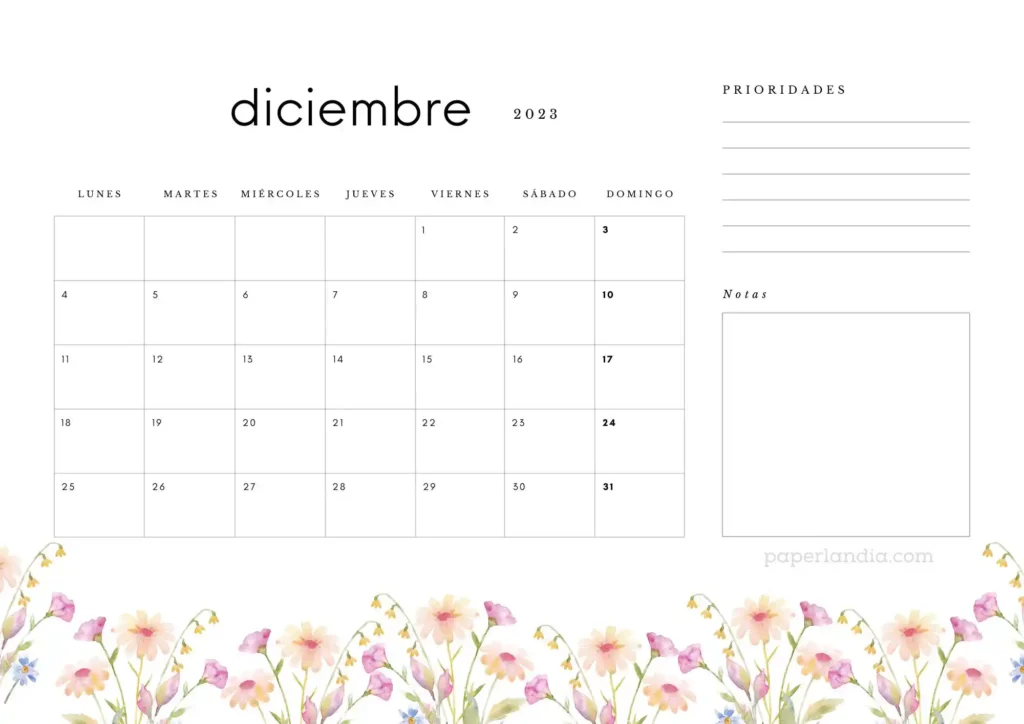 Calendario diciembre 2023 horizontal con prioridades, notas y flores de campo