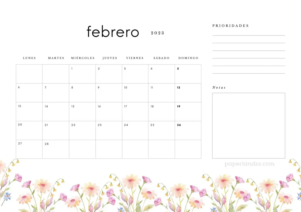 Calendario febrero 2023 horizontal con prioridades, notas y flores de campo