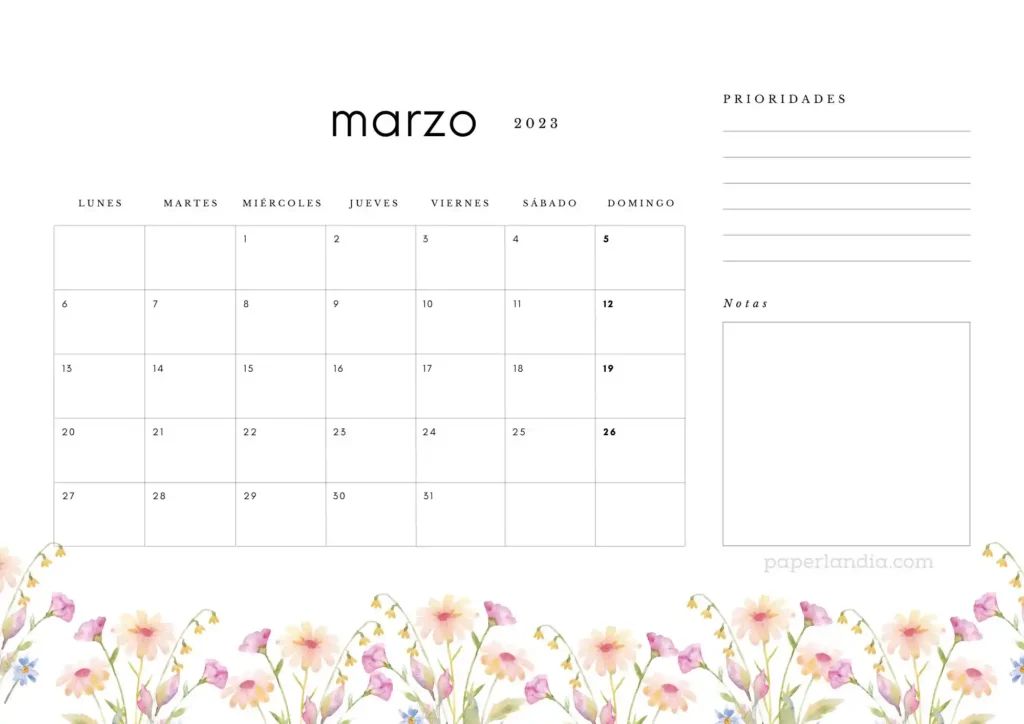 Calendario marzo 2023 horizontal con prioridades, notas y flores de campo