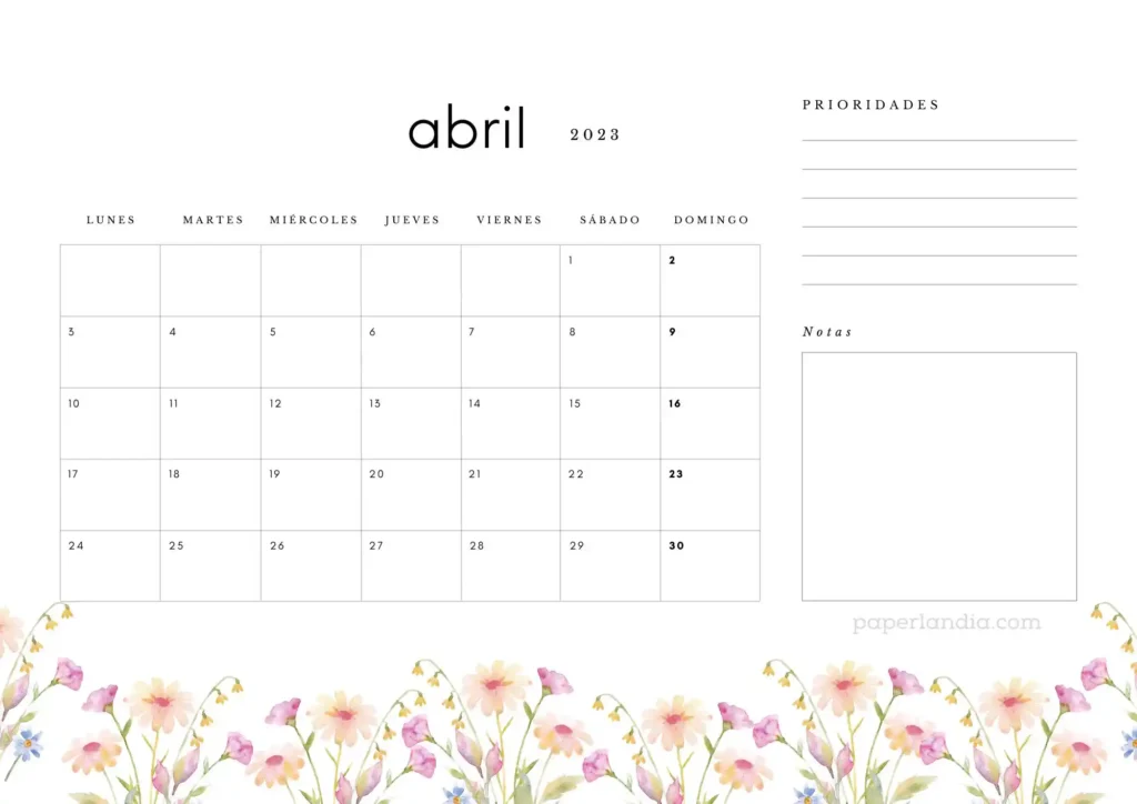 Calendario abril 2023 horizontal con prioridades, notas y flores de campo